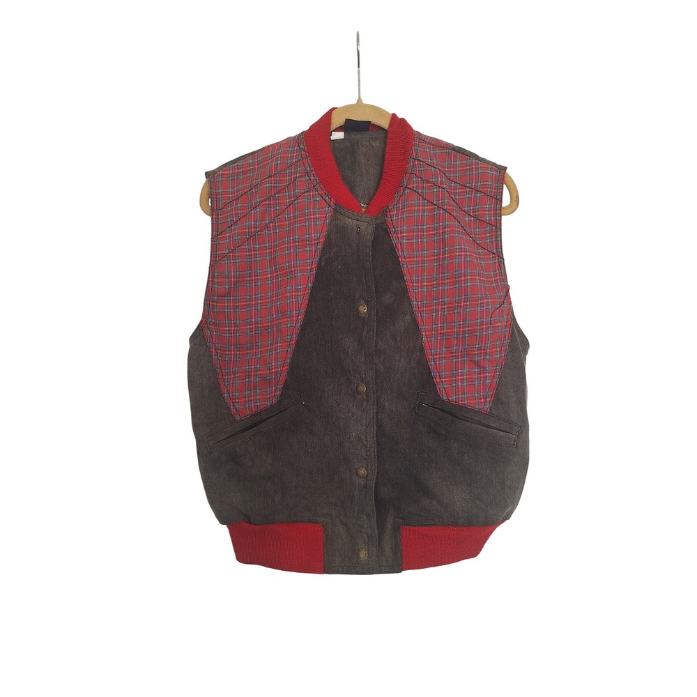 Vintage Brittania Denim Plaid Bomber Vest Mens Medium Indigo Red Western 3409-Q